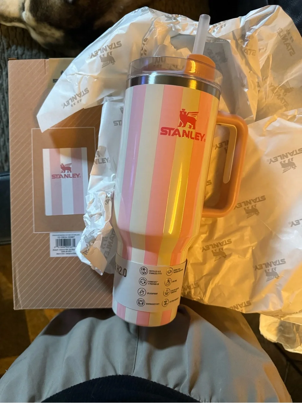 Stanley Pink and Cream Striped Insulated Tumbler with Handle and Straw